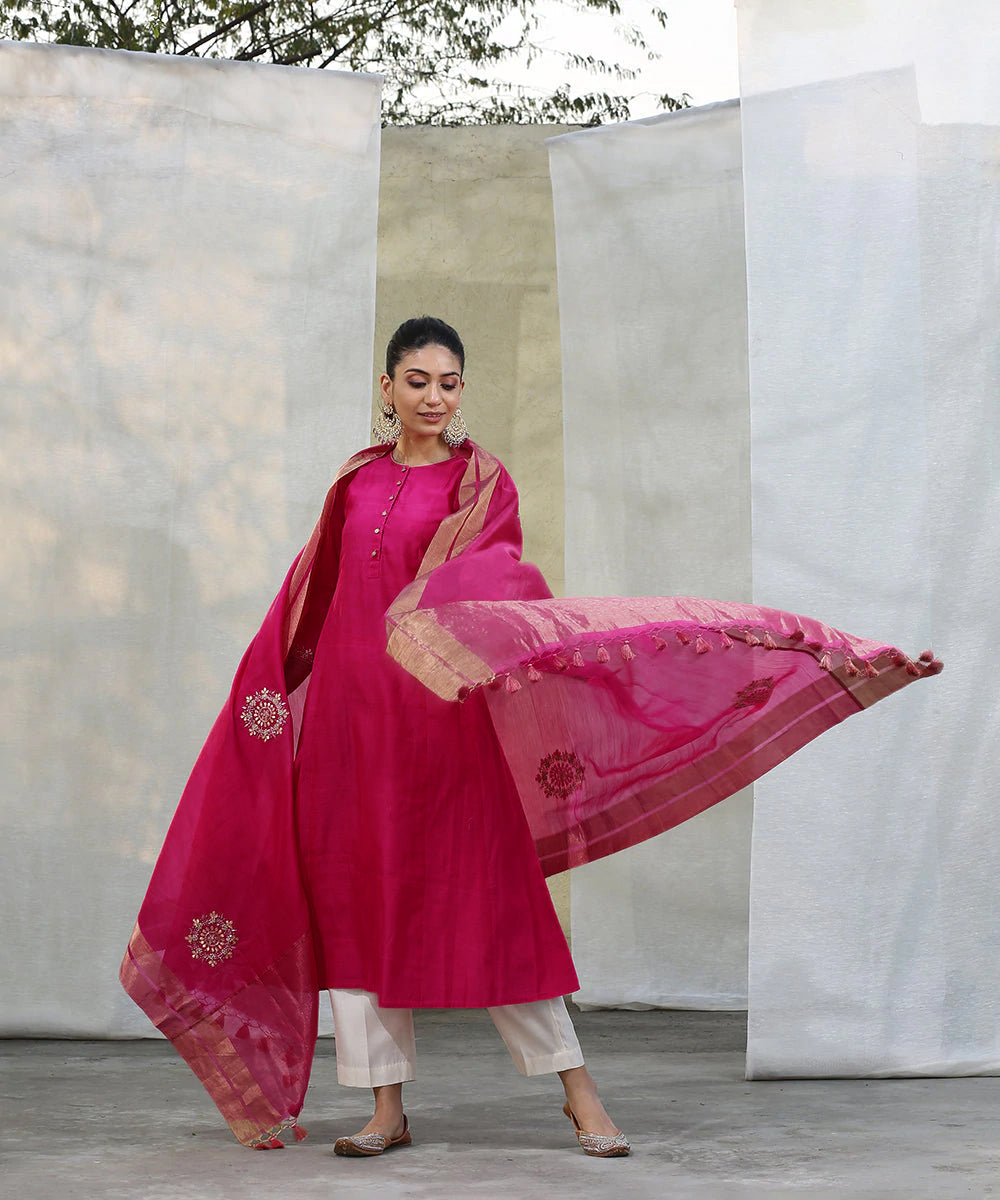 Handloom_Pink_Chanderi_Kurta_with_White_Pants_and_Embroidered_Dupatta_WeaverStory_01
