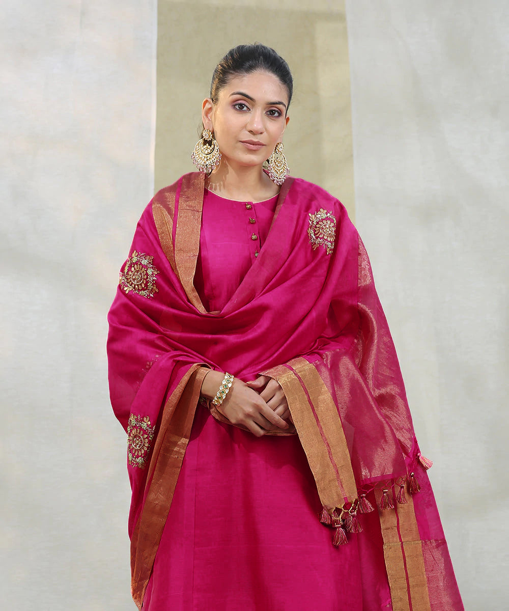 Handloom_Pink_Chanderi_Kurta_with_White_Pants_and_Embroidered_Dupatta_WeaverStory_02
