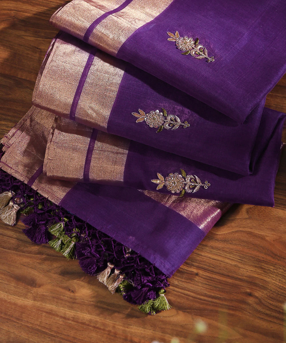 Purple_Hand_embroidered_Chanderi_Silk_Dupatta_with_alluring_Zardozi_Booti_WeaverStory_01