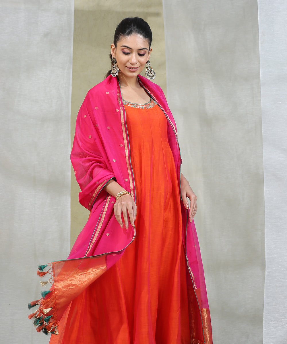 Orange_Handloom_Anarkali_With_Churidaar_And_Embroidered_Dupatta_Set_WeaverStory_02