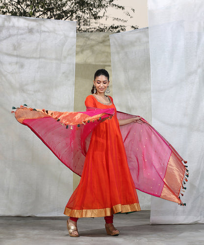Orange_Handloom_Anarkali_With_Churidaar_And_Embroidered_Dupatta_Set_WeaverStory_03