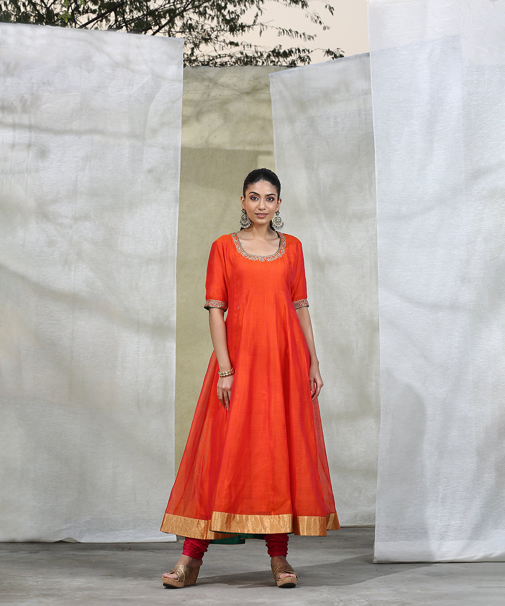 Orange_Handloom_Anarkali_With_Churidaar_And_Embroidered_Dupatta_Set_WeaverStory_04
