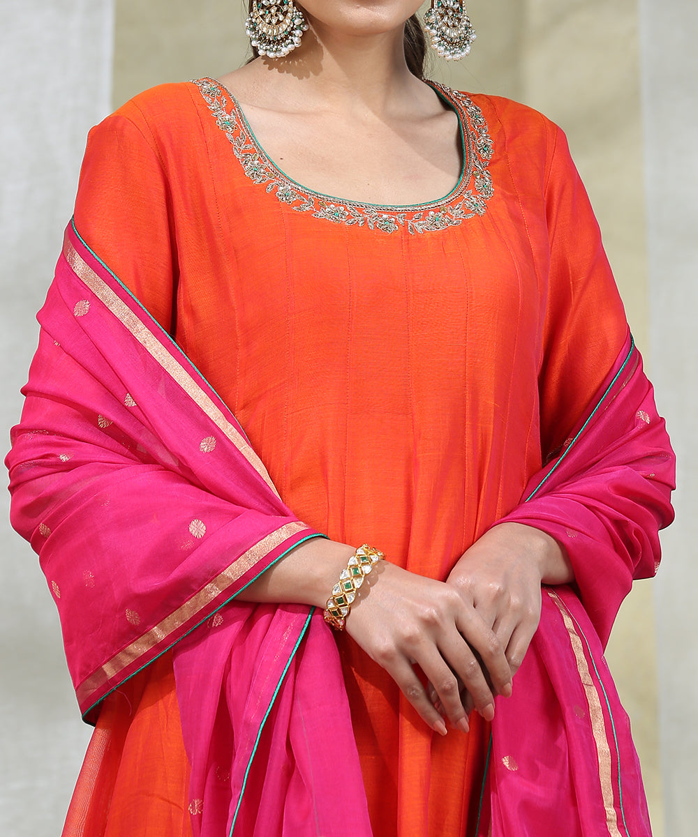 Orange_Handloom_Anarkali_With_Churidaar_And_Embroidered_Dupatta_Set_WeaverStory_06