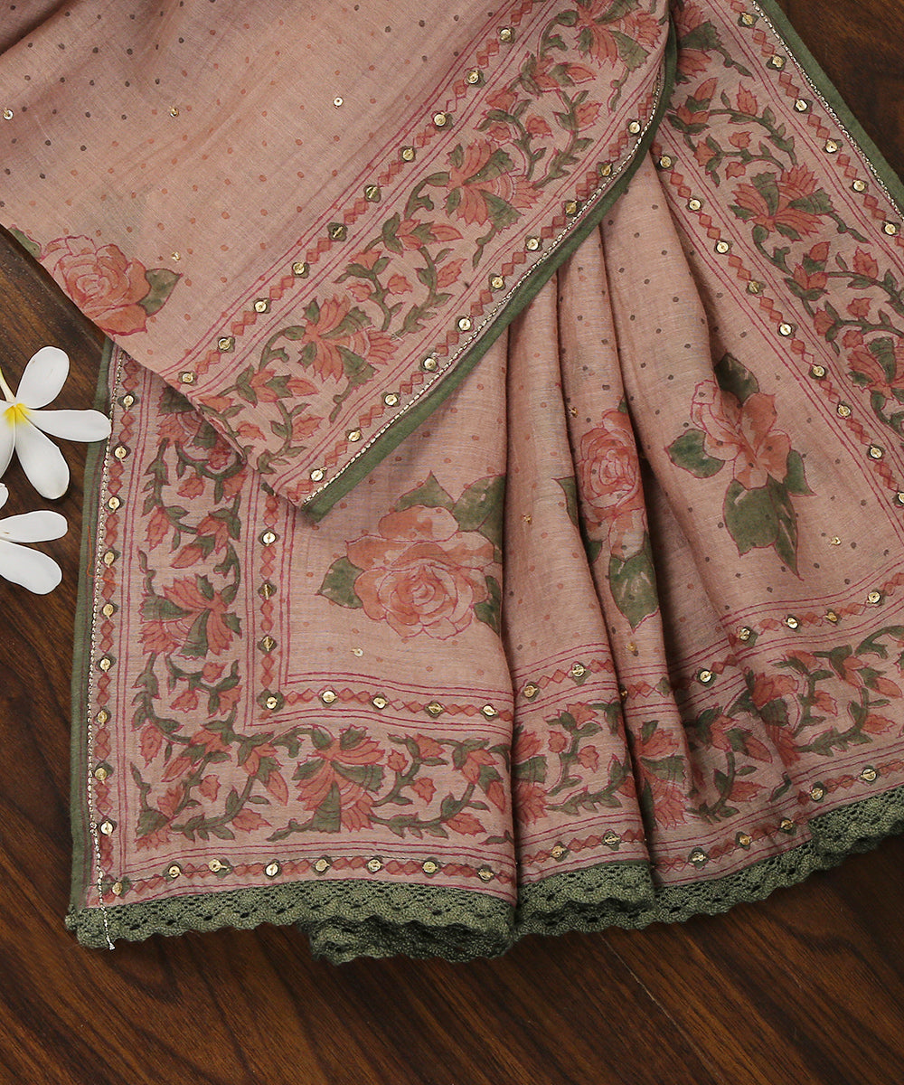 Handloom_Old_Rose_Chanderi_Dupatta_With_Handblocked_Rose_Motifs_And_Hand_Embroidered_Sequins_WeaverStory_01