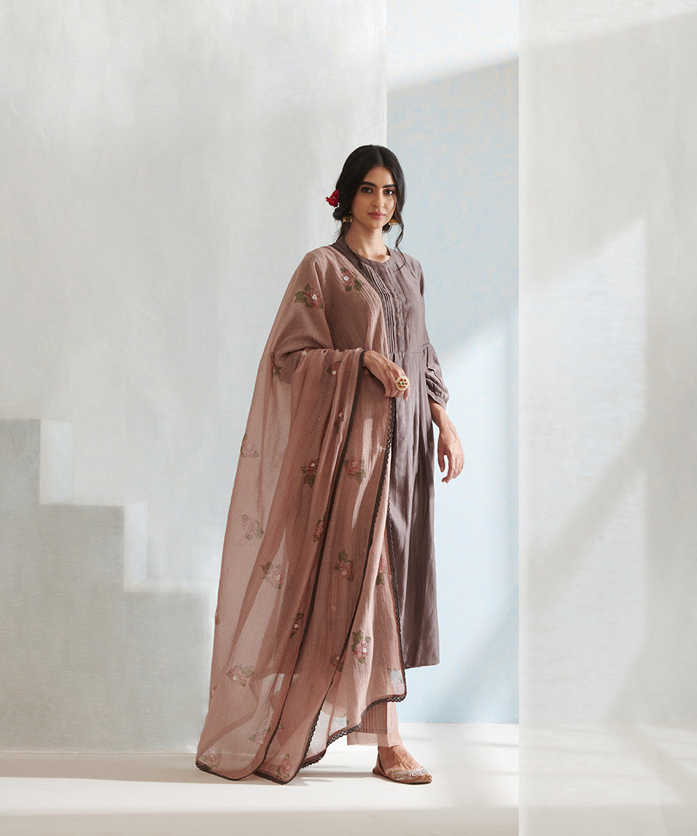 Handloom_Brown_Gathered_Chanderi_Kurta_Set_with_Pants_And_Hand_Block_Printed_Dupatta_WeaverStory_01