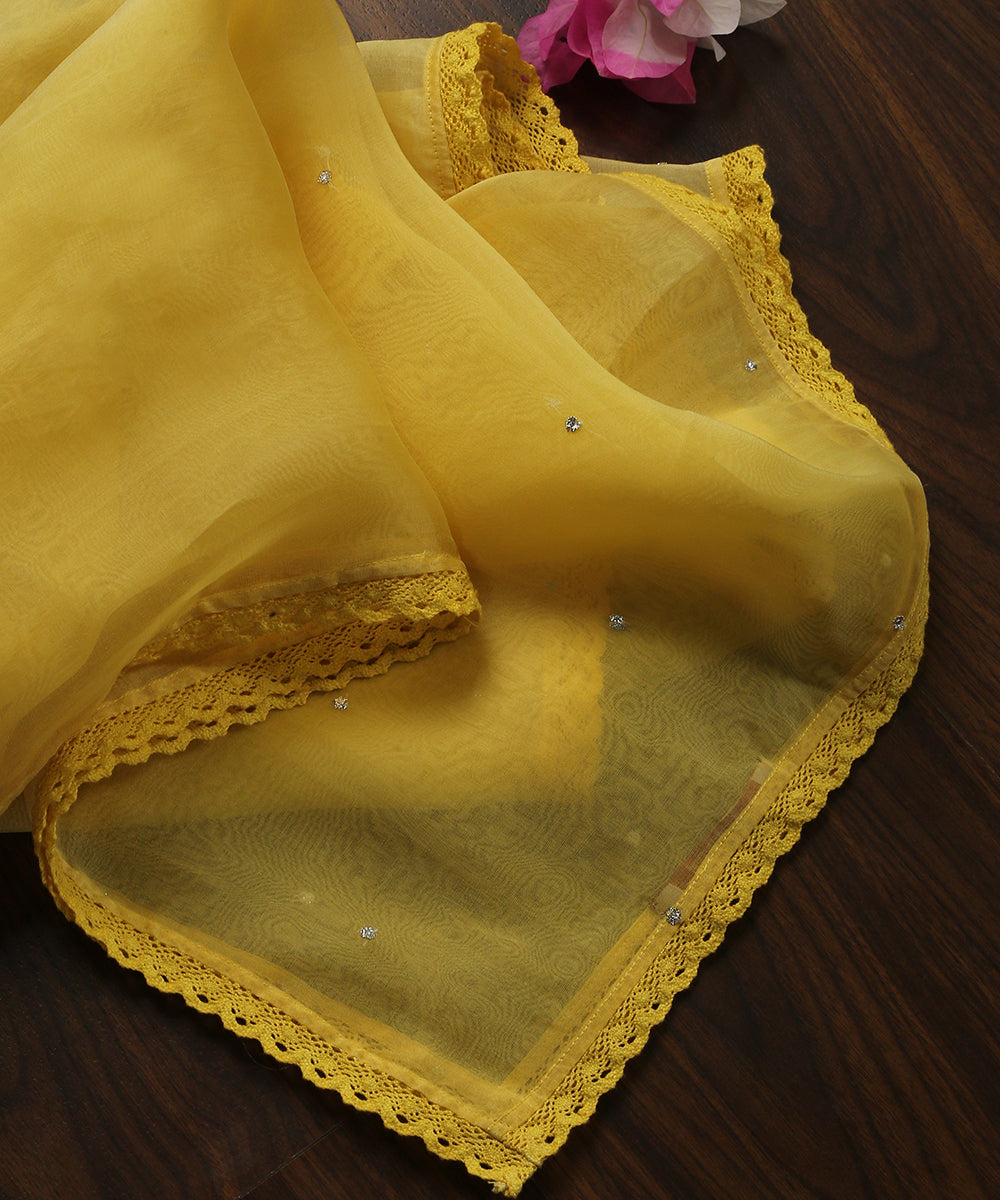 Yellow_Handloom_Organza_Dupatta_With_Hand_Embellished_Sequins_And_Cotton_Lace_WeaverStory_01