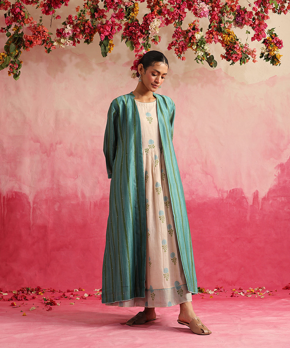 Handloom_Turquoise_Chanderi_Jacket_With_Off_White_Block_Printed_Dress_WeaverStory_01