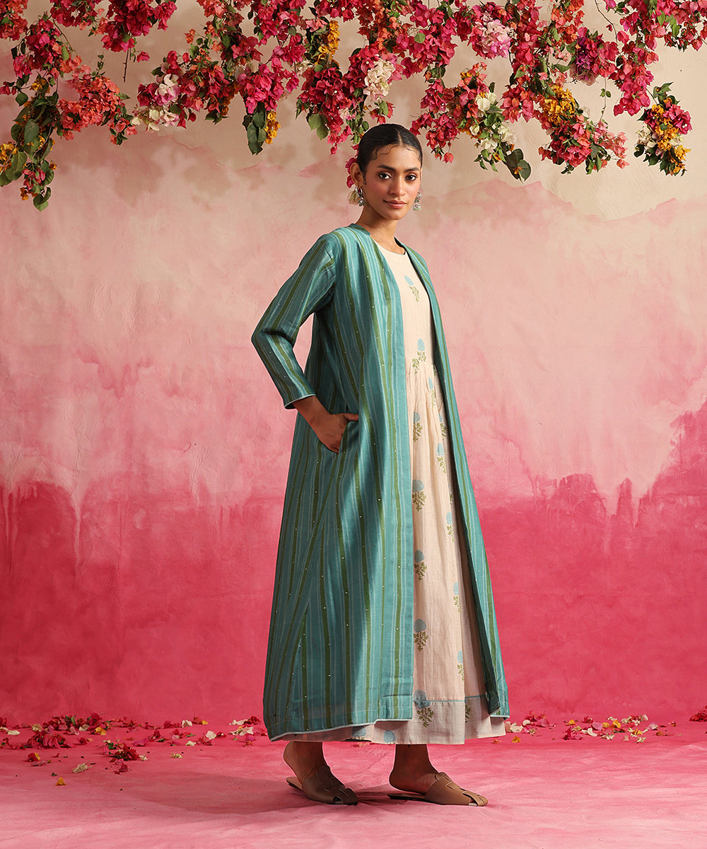 Handloom_Turquoise_Chanderi_Jacket_With_Off_White_Block_Printed_Dress_WeaverStory_02