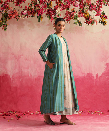 Handloom_Turquoise_Chanderi_Jacket_With_Off_White_Block_Printed_Dress_WeaverStory_03
