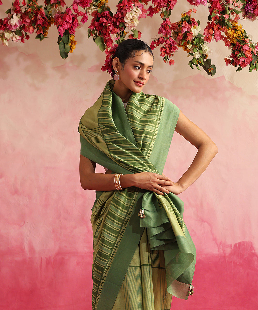 Handloom_Chartreuse_Green_Chanderi_Saree_With_Hand_Block_Printed_Stripes_And_Geomatric_Jaal_WeaverStory_01