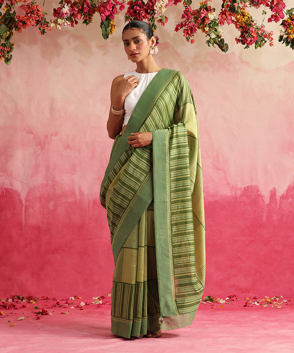 Handloom_Chartreuse_Green_Chanderi_Saree_With_Hand_Block_Printed_Stripes_And_Geomatric_Jaal_WeaverStory_02