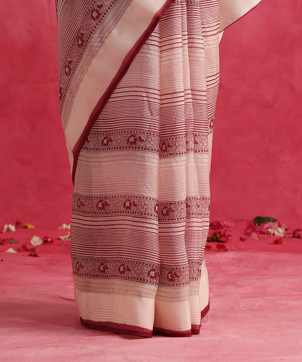 Handloom_Off_White_Organza_Saree_With_Hand_Block_Printed_Stripes_And_Floral_Pattern_WeaverStory_04