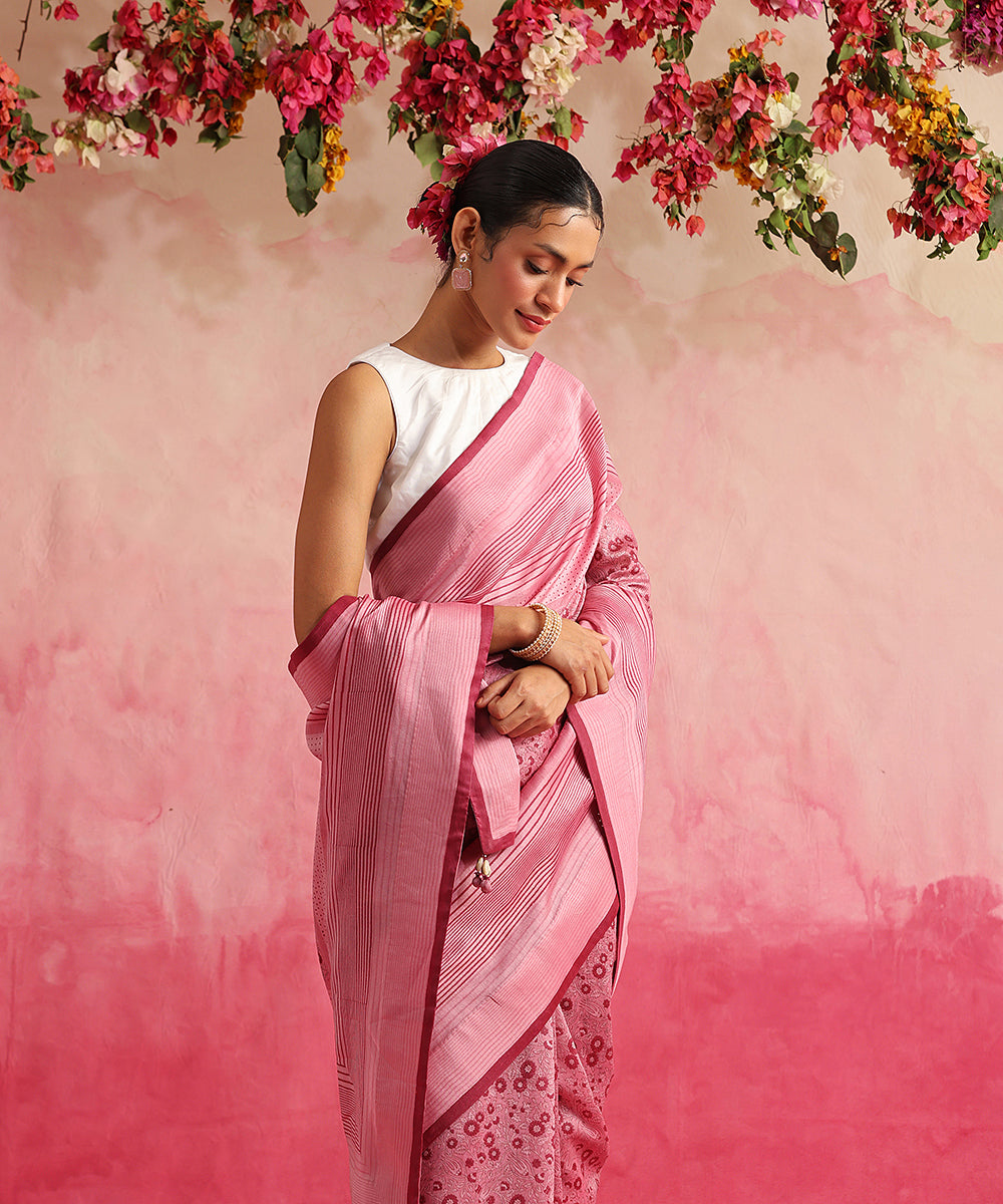 Rani pink chanderi silk saree with jhoomar motifs all over – Roots Handloom