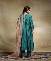 Teal Chanderi Printed With Embroidery Anarkali Kurta