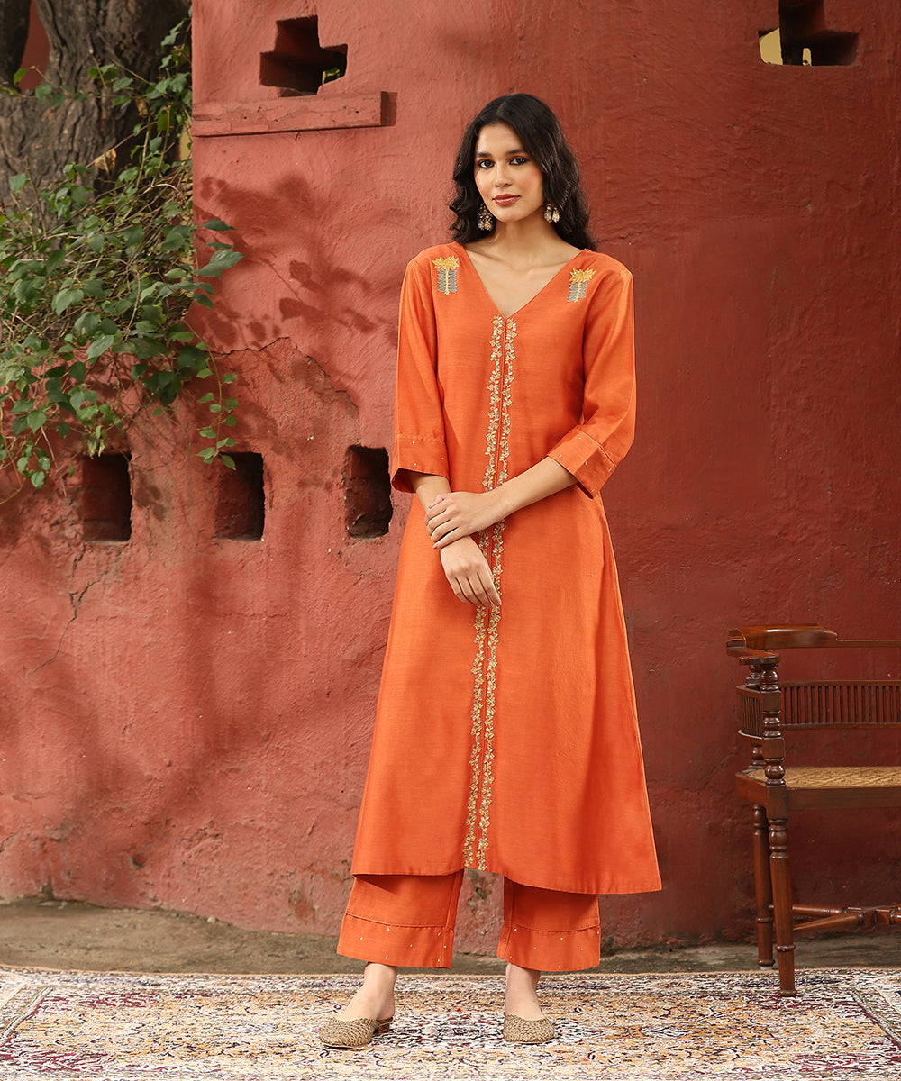 Burnt_Orange_Hand_Embroidered_Pure_Chanderi_Silk_Kurta_With_Pants_And_Dupatta_WeaverStory_01