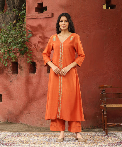 Burnt_Orange_Hand_Embroidered_Pure_Chanderi_Silk_Kurta_With_Pants_And_Dupatta_WeaverStory_02