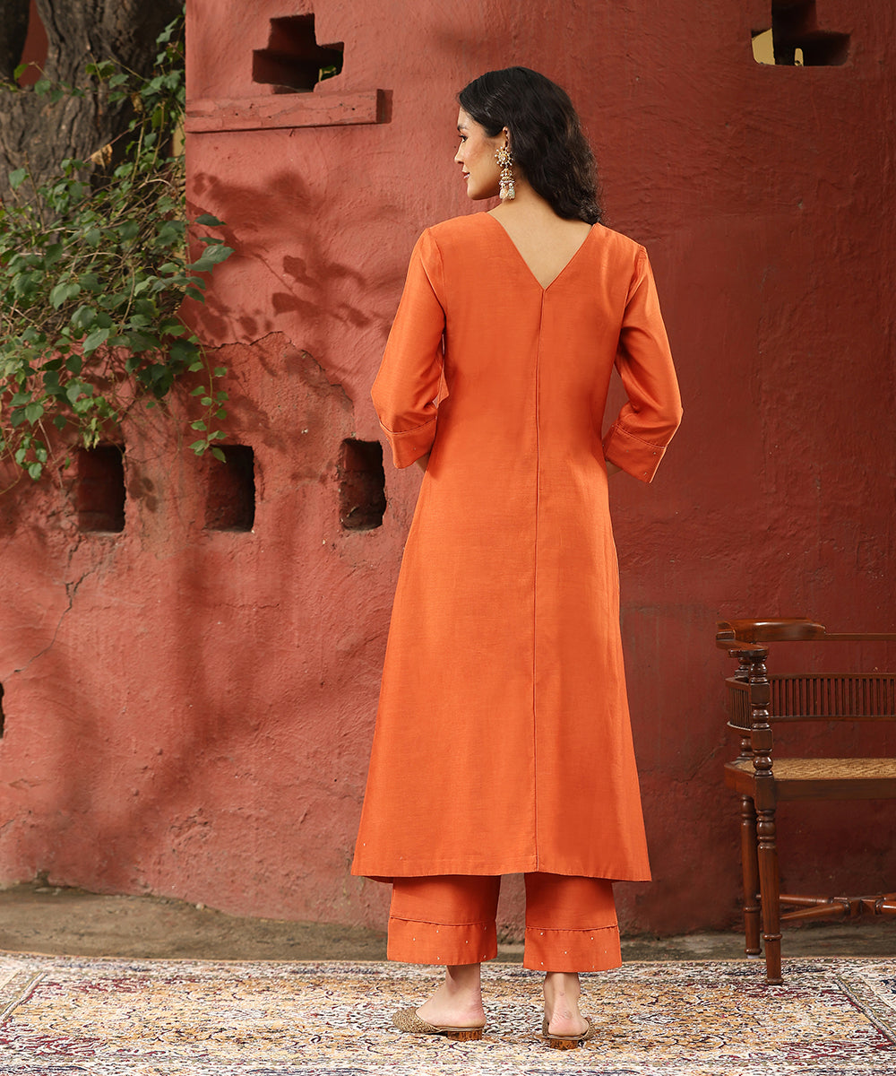 Burnt_Orange_Hand_Embroidered_Pure_Chanderi_Silk_Kurta_With_Pants_And_Dupatta_WeaverStory_03