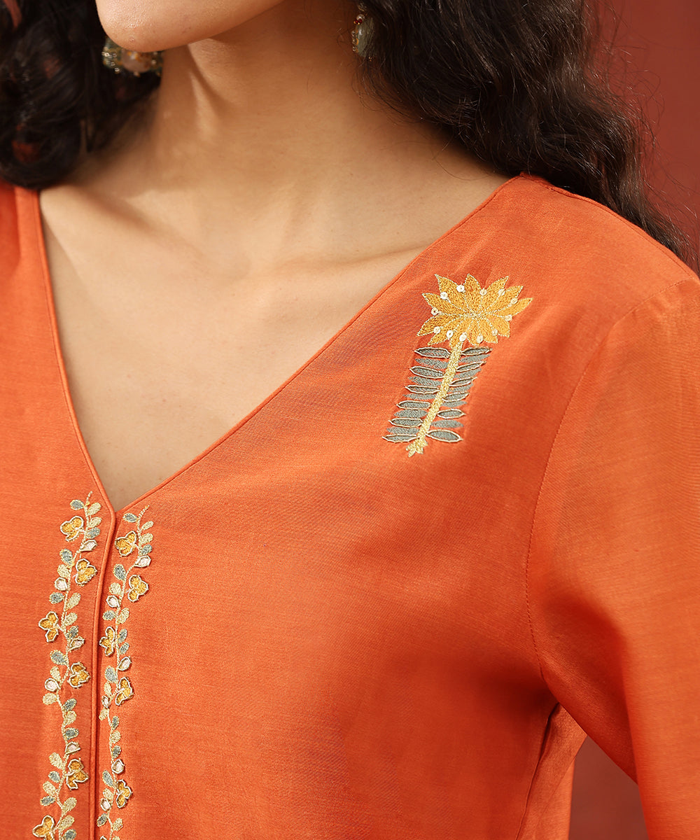 Burnt_Orange_Hand_Embroidered_Pure_Chanderi_Silk_Kurta_With_Pants_And_Dupatta_WeaverStory_04