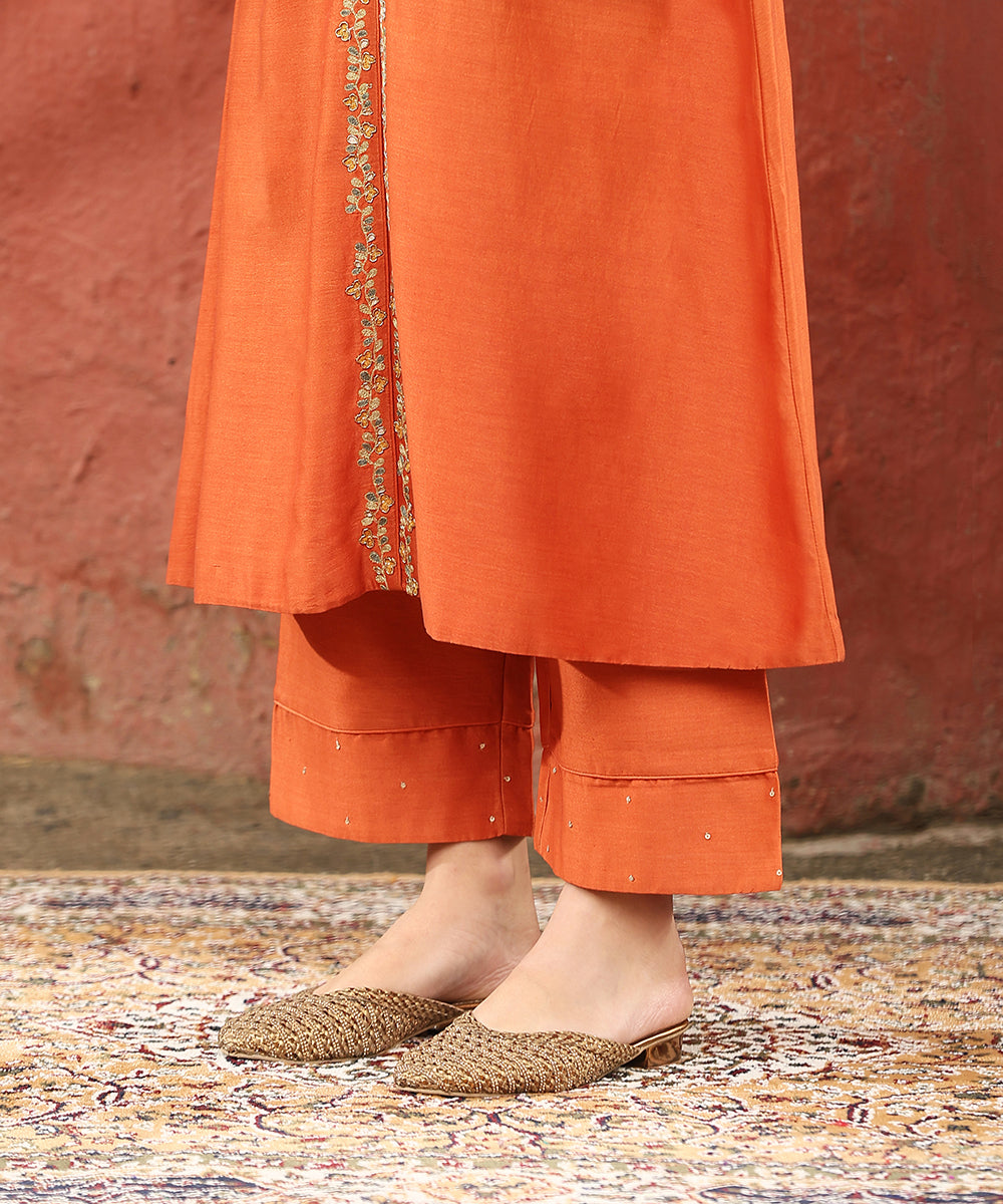 Burnt_Orange_Hand_Embroidered_Pure_Chanderi_Silk_Kurta_With_Pants_And_Dupatta_WeaverStory_05
