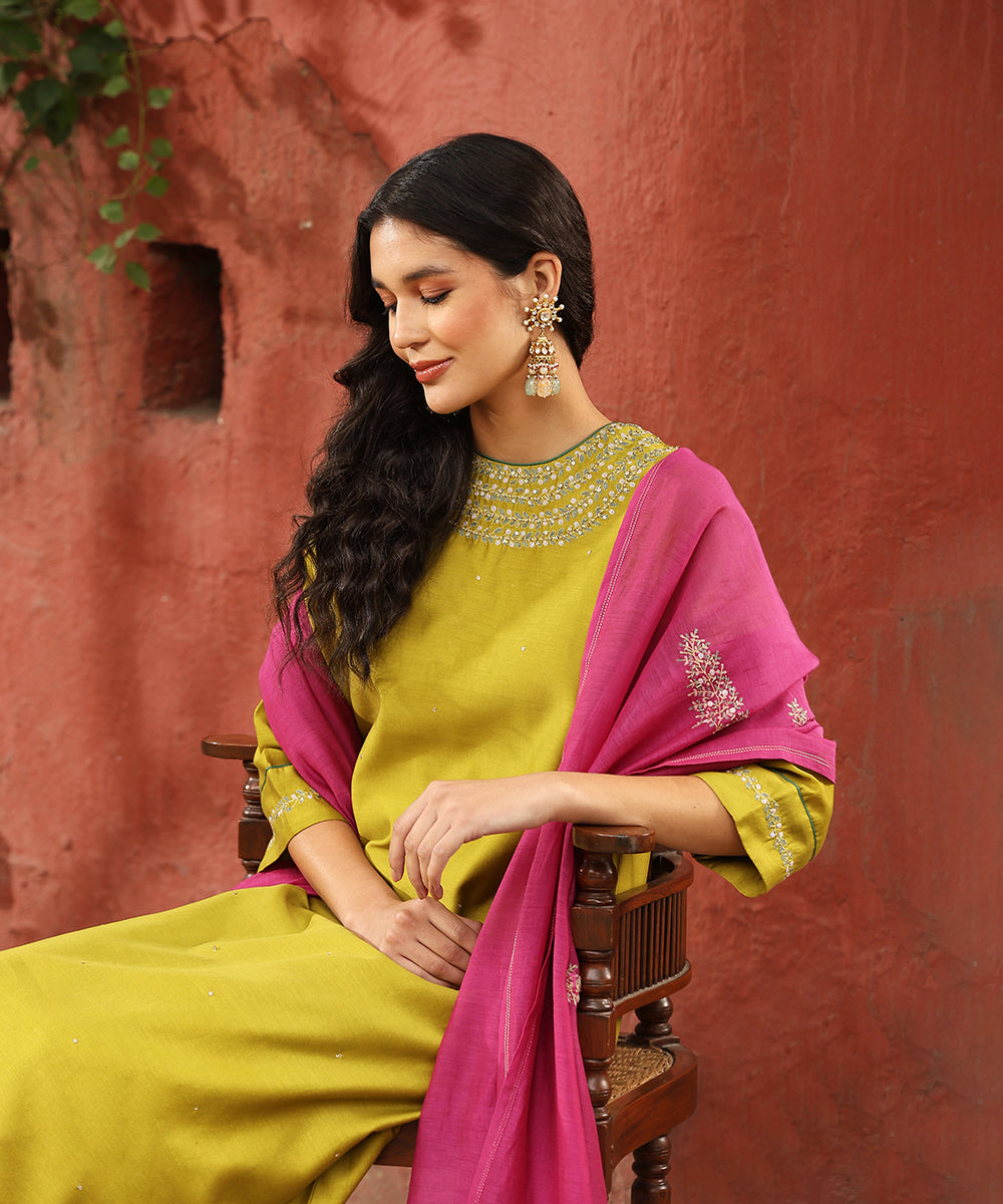 Lime_Green_Hand_Embroidered_Pure_Chanderi_Silk_Kurta_With_Pants_And_Dupatta_WeaverStory_02