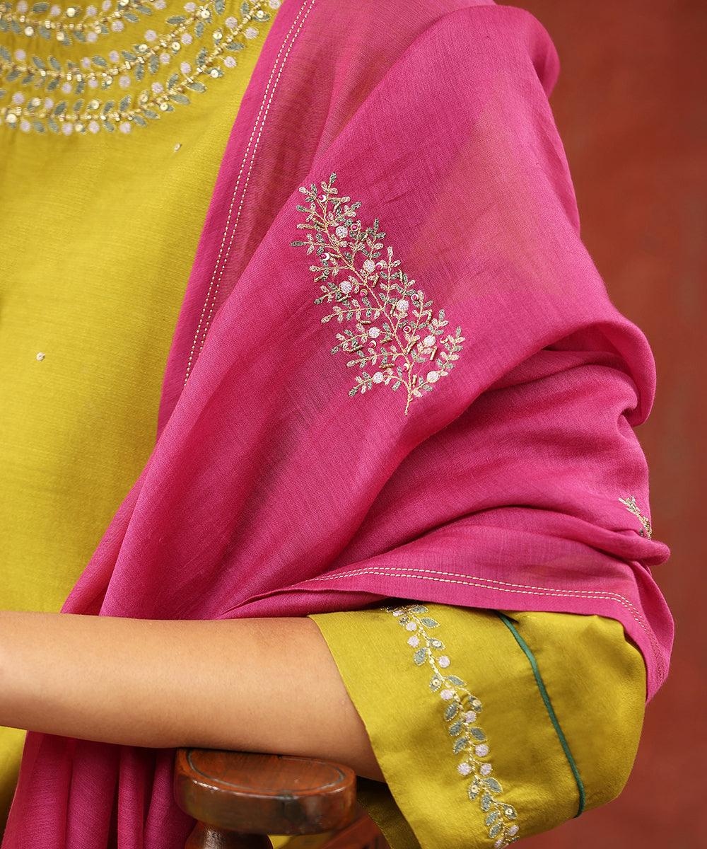 Lime_Green_Hand_Embroidered_Pure_Chanderi_Silk_Kurta_With_Pants_And_Dupatta_WeaverStory_06