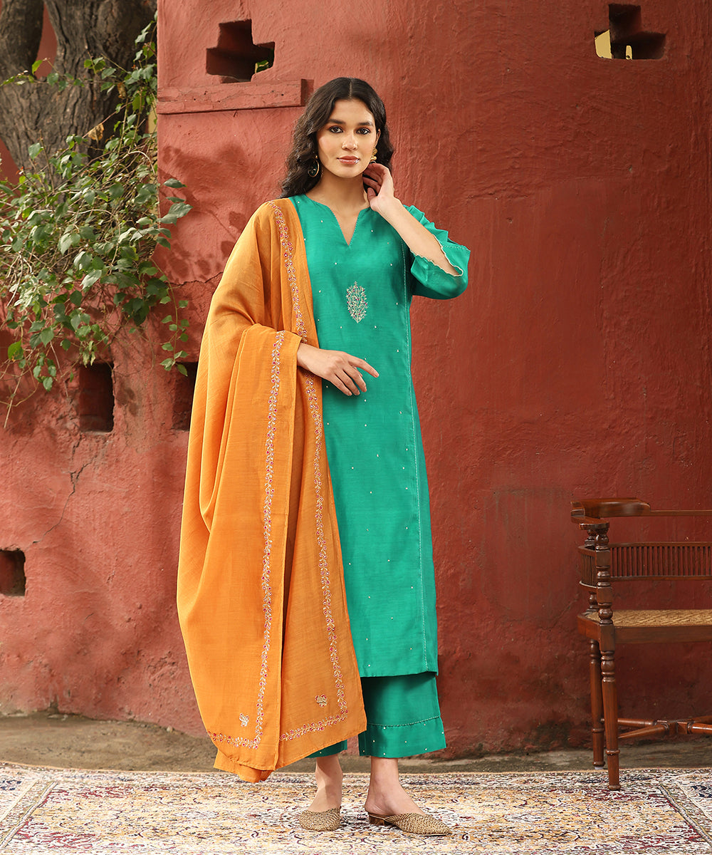 Turquoise_Blue_Hand_Embroidered_Pure_Chanderi_Silk_Kurta_With_Pants_And_Burnt_Orange_Dupatta_WeaverStory_01