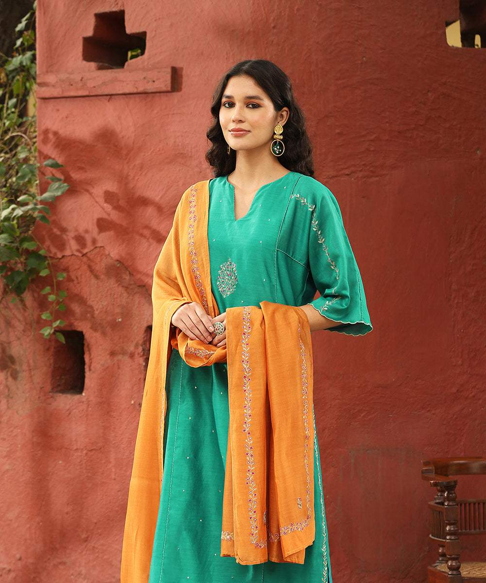 Turquoise_Blue_Hand_Embroidered_Pure_Chanderi_Silk_Kurta_With_Pants_And_Burnt_Orange_Dupatta_WeaverStory_02