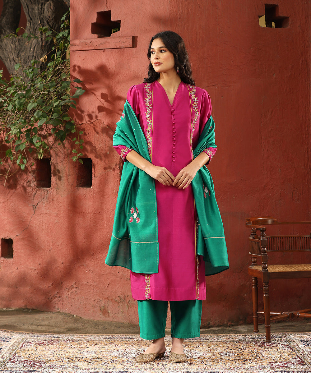 Pink_Hand_Embroidered_Pure_Chanderi_Silk_Kurta_With_Turquoise_Blue_Pants_And_Dupatta_WeaverStory_01