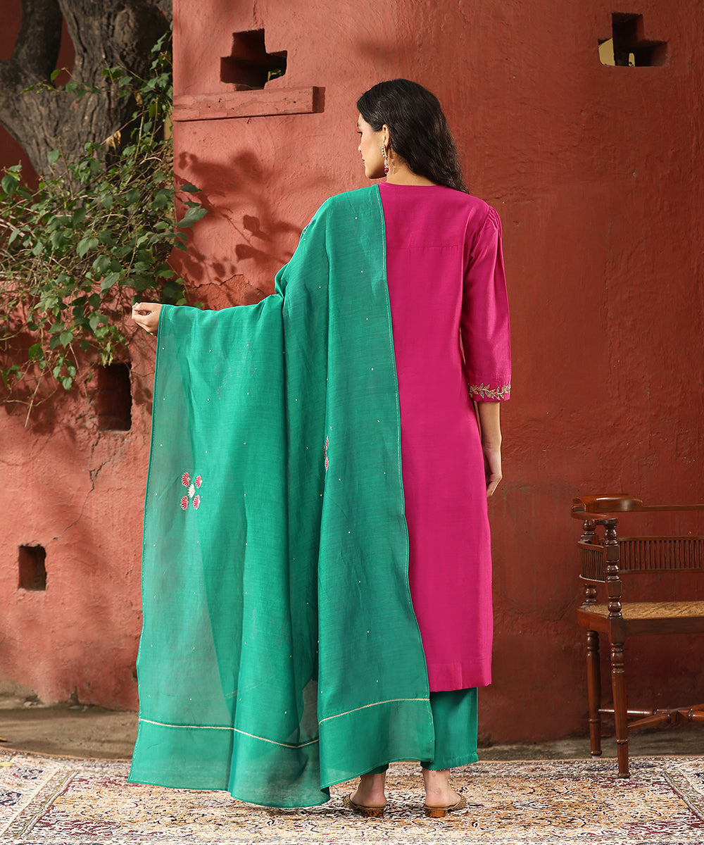 Pink_Hand_Embroidered_Pure_Chanderi_Silk_Kurta_With_Turquoise_Blue_Pants_And_Dupatta_WeaverStory_03
