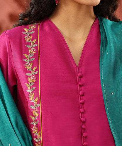Pink_Hand_Embroidered_Pure_Chanderi_Silk_Kurta_With_Turquoise_Blue_Pants_And_Dupatta_WeaverStory_06