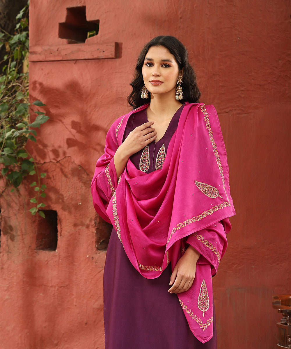Deep_Purple_Hand_Embroidered_Pure_Chanderi_Silk_Kurta_With_Pants_And_Rani_Pink_Dupatta_WeaverStory_02