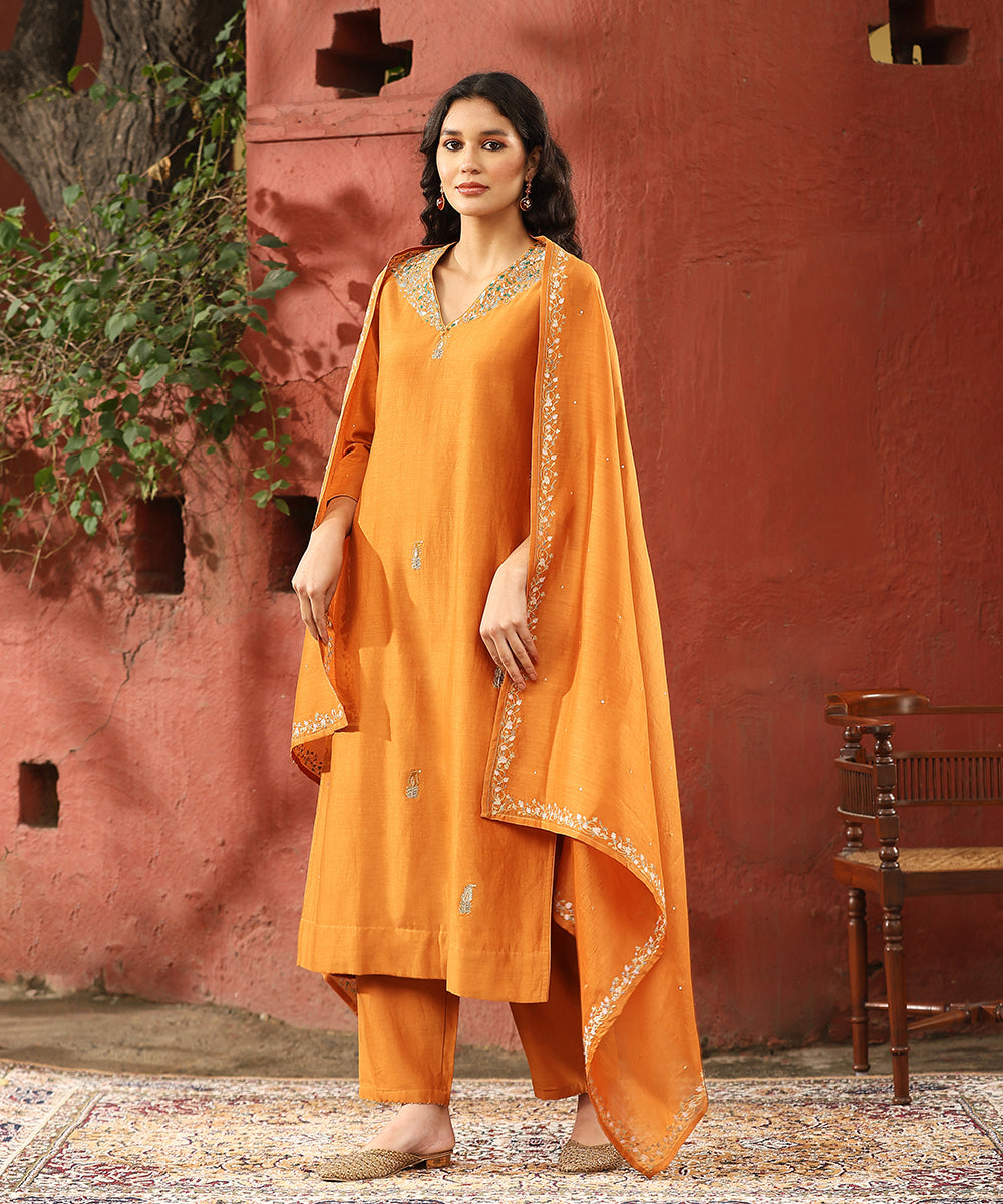 Burnt_Orange_Hand_Embroidered_Pure_Chanderi_Silk_Kurta_With_Pants_And_Dupatta_WeaverStory_01