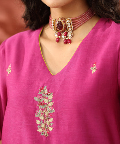 Rani_Pink_Hand_Embroidered_Pure_Chanderi_Silk_Kurta_With_Pants_WeaverStory_05