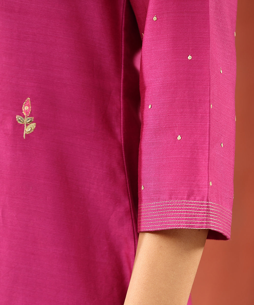 Rani_Pink_Hand_Embroidered_Pure_Chanderi_Silk_Kurta_With_Pants_WeaverStory_06