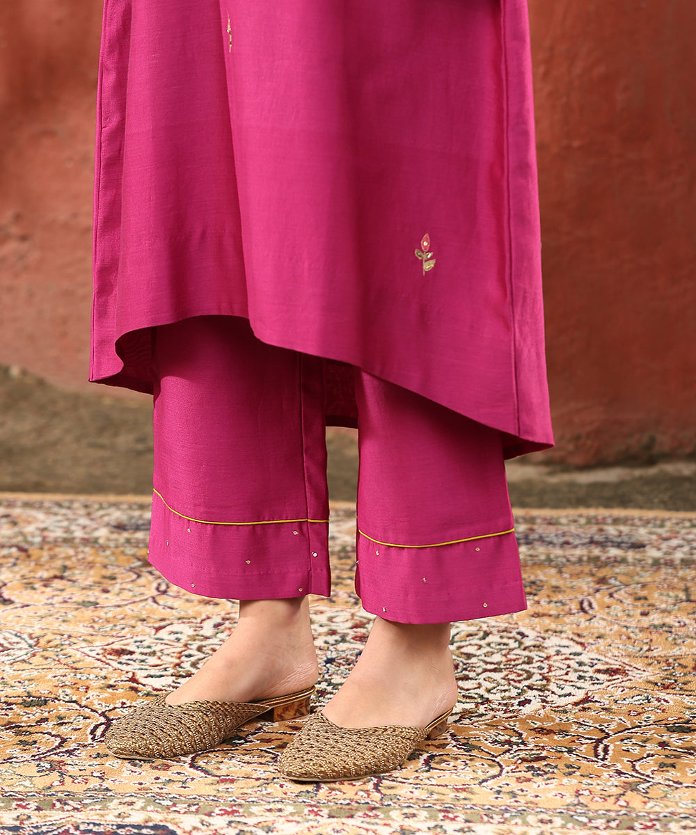 Rani_Pink_Hand_Embroidered_Pure_Chanderi_Silk_Kurta_With_Pants_WeaverStory_07