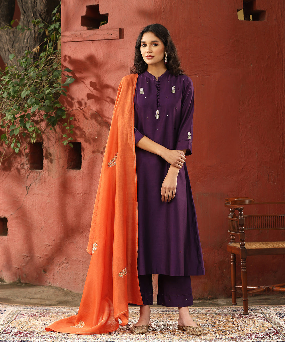 Deep_Purple_Hand_Embroidered_Pure_Chanderi_Silk_Kurta_With_Pants_And_Burnt_Orange_Dupatta__WeaverStory_01