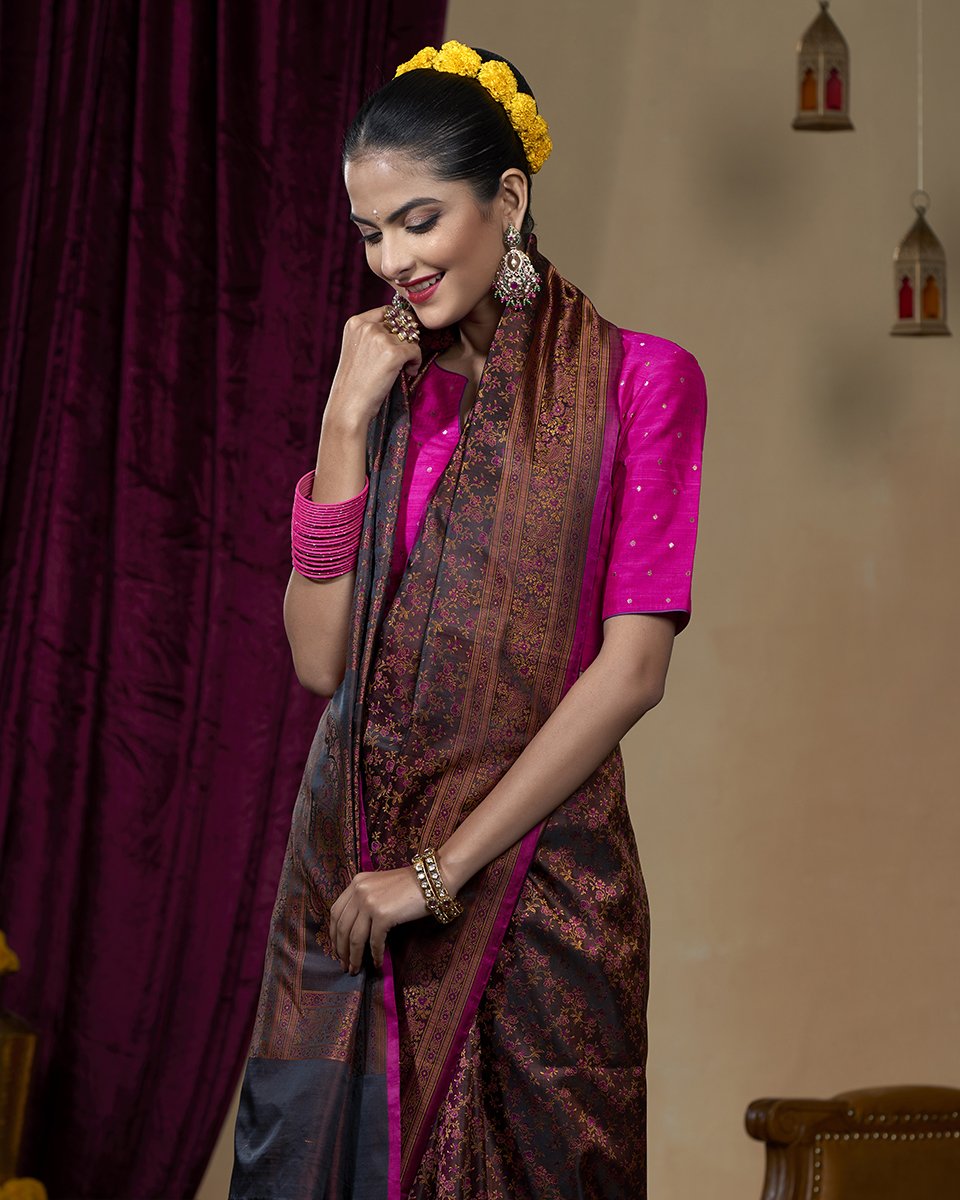 Coke_Brown_Handloom_Reshmi_Gulaab_Booti_Tanchoi_in_Pure_Katan_Silk_WeaverStory_01