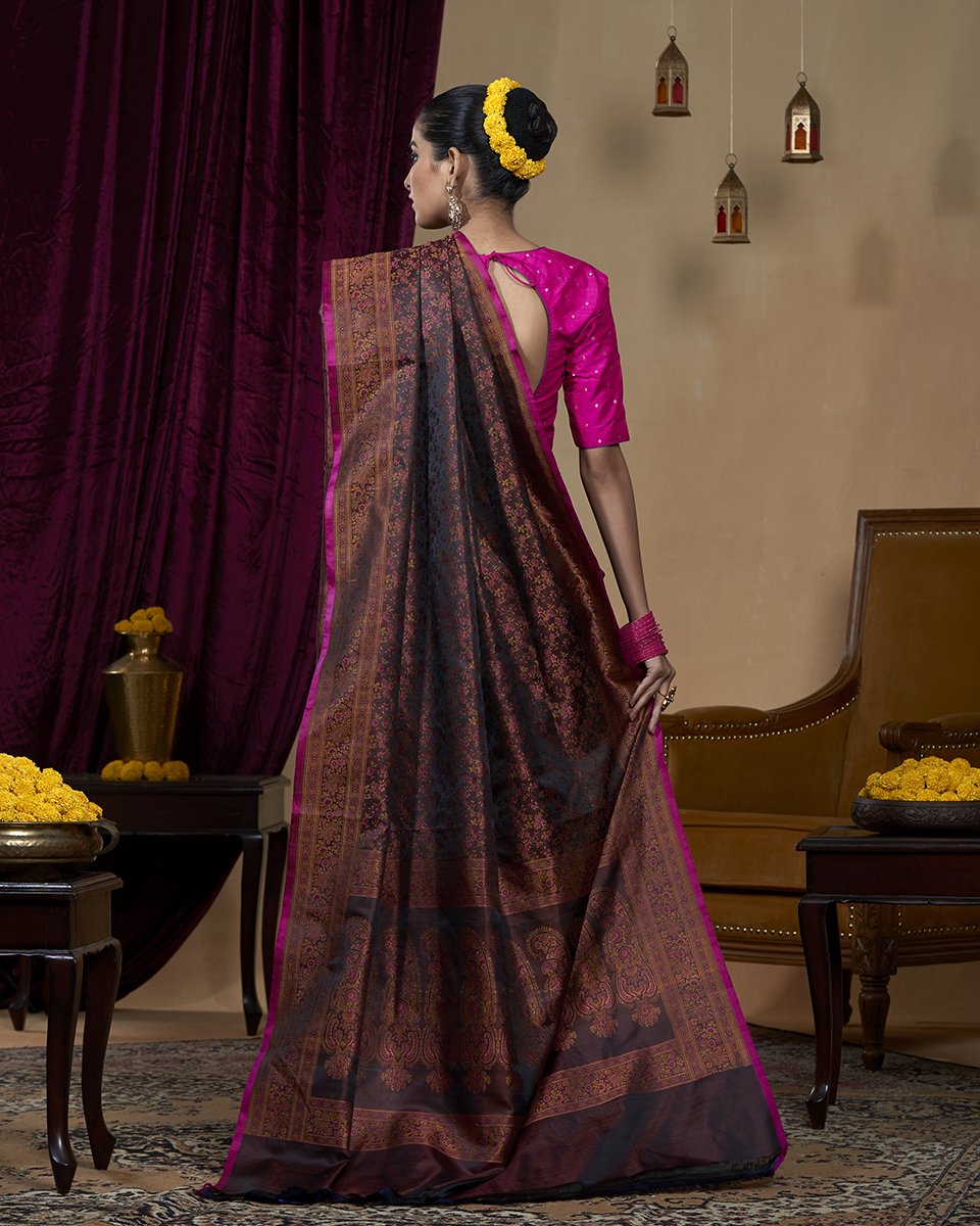 Coke_Brown_Handloom_Reshmi_Gulaab_Booti_Tanchoi_in_Pure_Katan_Silk_WeaverStory_03