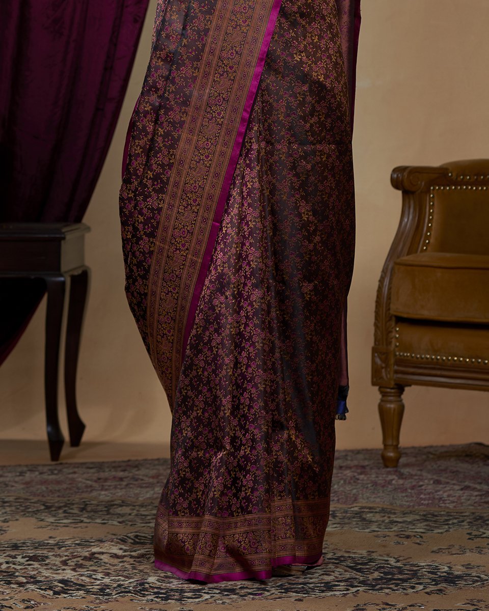 Coke_Brown_Handloom_Reshmi_Gulaab_Booti_Tanchoi_in_Pure_Katan_Silk_WeaverStory_04