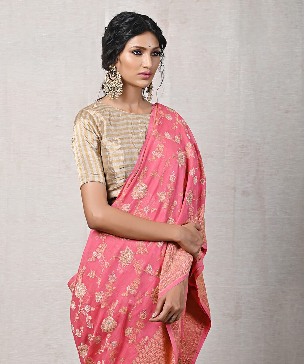 Coral_Peach_Handloom_Kadhwa_Banarasi_Georgette_Saree_with_Floral_Jangla_WeaverStory_01