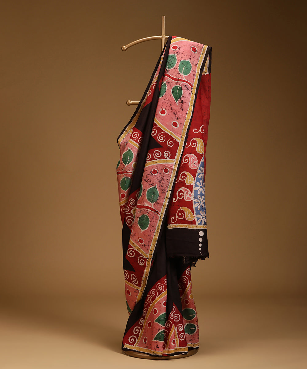 Handloom_Black_Hand_Batik_Mulberry_Silk_Saree_With_Multi_Colour_Motifs_WeaverStory_01