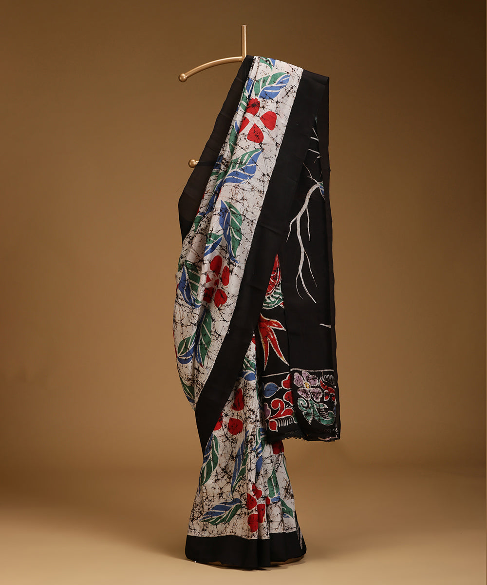 Handloom_Black_and_Offwhite_Hand_Batik_Mulberry_Silk_Saree_With_Multi_Colour_Motif_WeaverStory_01