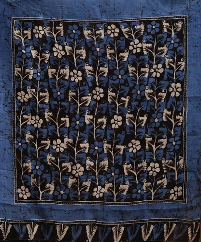 Handloom_Blue_and_Black_Hand_Batik_Mulberry_Silk_Saree_with_All_Over_Floral_Motifs_WeaverStory_05