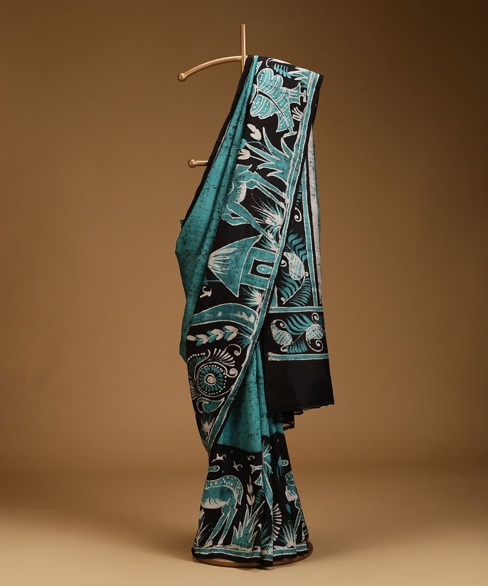 Handloom_Green_and_Black_Hand_Batik_Mulberry_Silk_Saree_WeaverStory_01