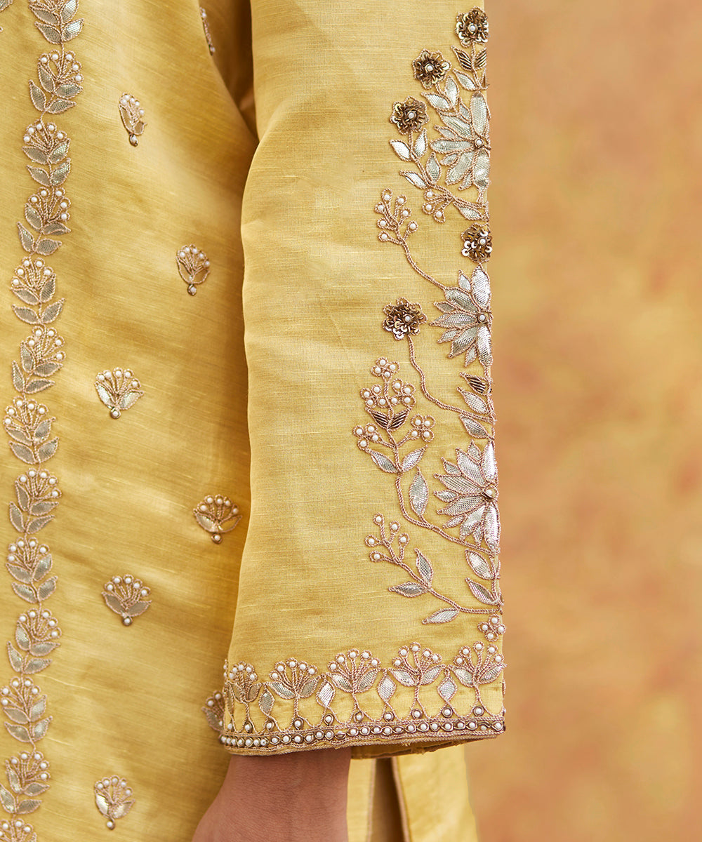 Gold_Hand_Embroidered_Pure_Silk_Kurta_With_Tissue_Lehenga_And_Dupatta_WeaverStory_06