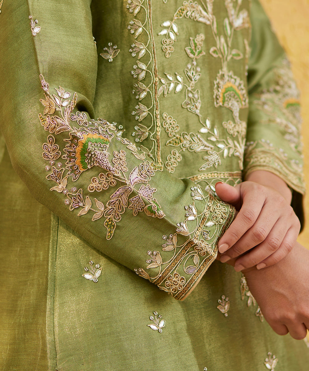 Green_Hand_Embroidered_Pure_Silk_Kurta_With_Golden_Lehenga_And_Dupatta_WeaverStory_07