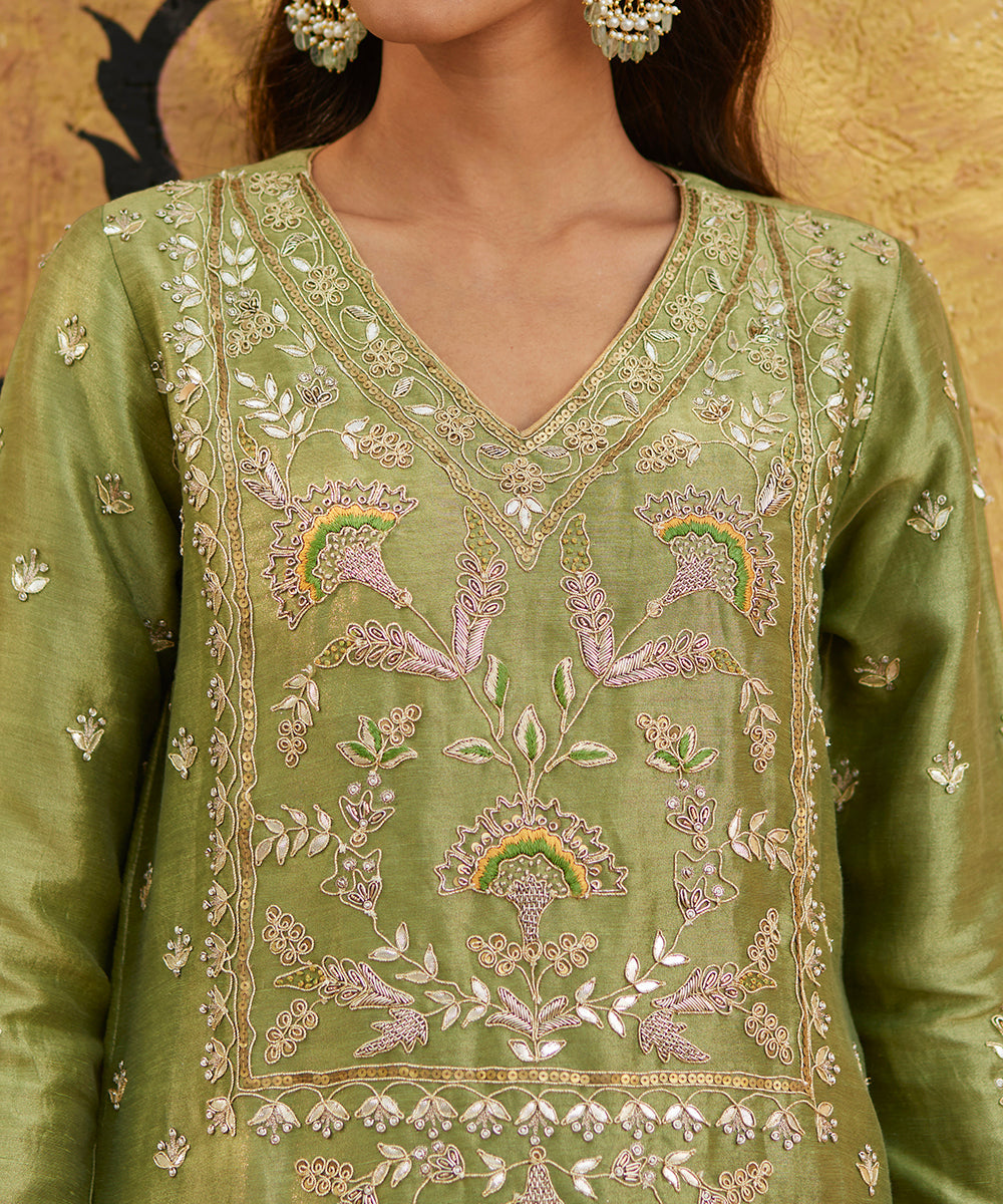 Green_Hand_Embroidered_Pure_Silk_Kurta_With_Golden_Lehenga_And_Dupatta_WeaverStory_08