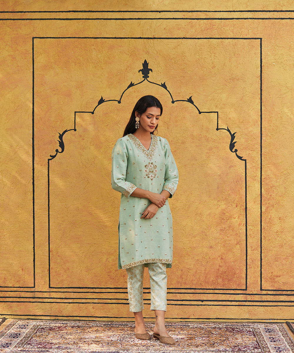 Sage_Green_Hand_Embroidered_Pure_Silk_Kurta_With_Brocade_Cigarette_Pants_And_Dupatta_WeaverStory_02