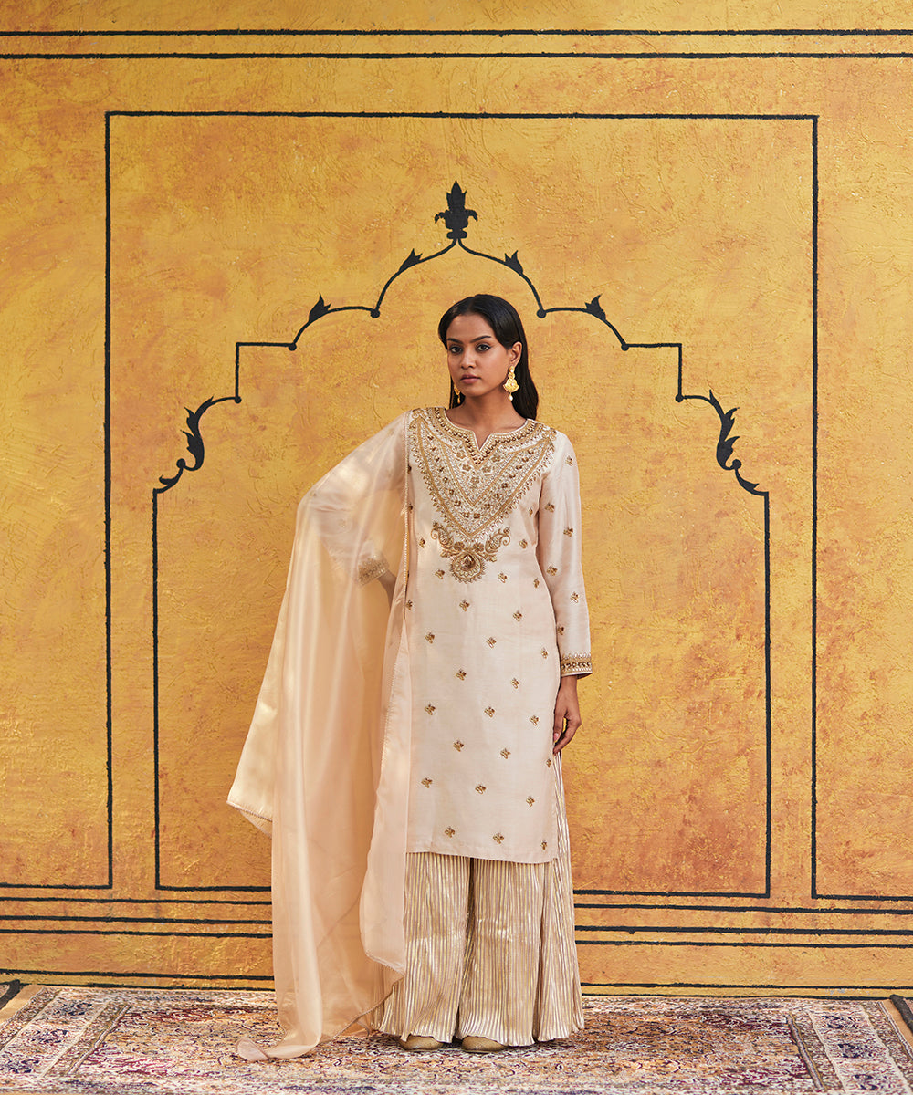 Beige_Hand_Embroidered_Pure_Silk_Kurta_With_Crinkled_Palazzo_Pants_And_Dupatta_WeaverStory_01