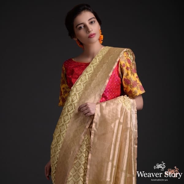 Handwoven_yellow_banarasi_Tissue_net_saree_with_gold_border_WeaverStory_01